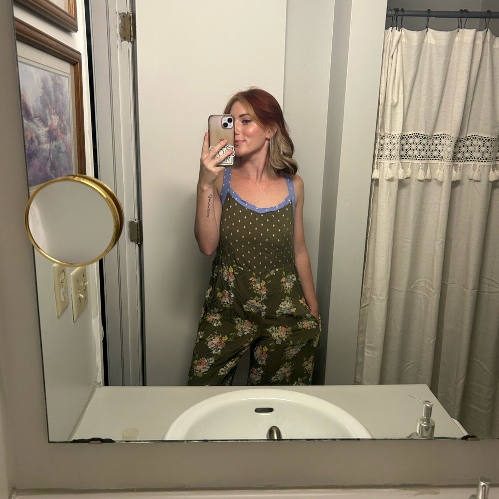 Matilda Jane Olive Floral Jumpsuit with Blue Accents